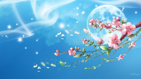 Sakura Sky - stars, sky, smoke, japan, sakura, full moon, petals, blue, cherry blossoms, firefox persona