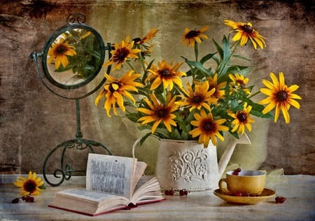 still life - pretty, yellow, book, photo, reflection, currants, flowers, elegance, mirror, old, nice, fruits, beautiful, coffee, photography, beauty, kettle, tea, lovely, cool, still life, flower, bouquet, drink, harmony, cup