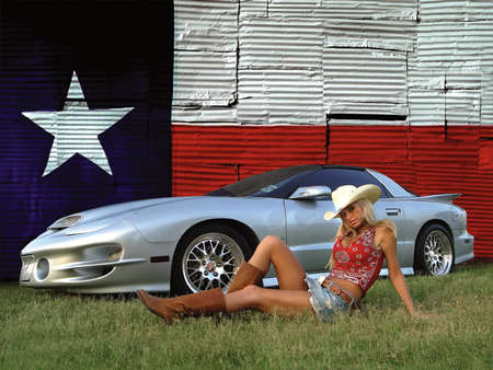 country girl - hat, pretty, female, blue, boots, girl, blonde, usa, white, car, red, model, country, flag