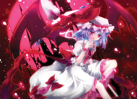 Touhou - remilia scarlet, hat, girl, wings, vampire, red eyes, blue hair, touhou, anime, blush, short hair, dress