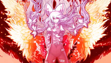 bring it on - red eyes, touhou, girl, anime, long hair, pink hair, wings, fujiwara no mokou