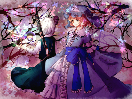 Touhou - hat, saigyouji yuyuko, anime, dress, 2girls, touhou, wepon, katana, butterfly, konpaku youmu