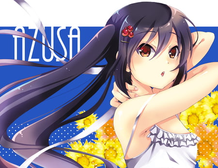 K-on - red eyes, nakano azusa, k-on, long hair, flowers, black hair, dress