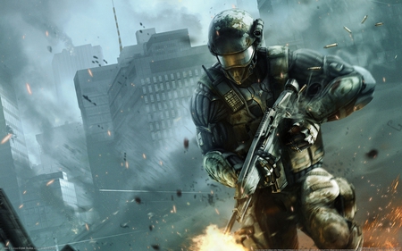 Crysis 2 - soldier, crysis 2, crysis, cg, fantasy, fire, hd, weapon, action, adventure, video game