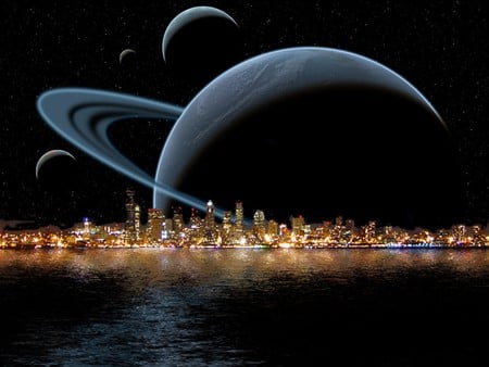 DETROIT - planets, black, city, ocean, stars, sky