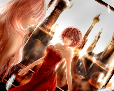 Luka and Meiko - vocaloid, meiko, female, window, two girls, luka megurine, big breasts, anime girls, hot, sunshine, city, beauty, underboob, cool, sweet, feathers, sexy, firendly