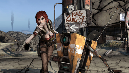 Borderlands - shooter, girl, cool, borderlands, robot, redhead, awesome, cute, kiss, nice, games, video games, rpg, claptrap