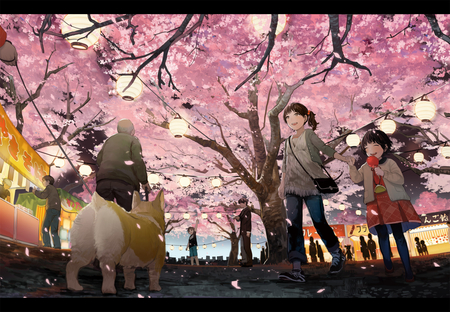 On the festival - girls, eyes, hair, brown, cool, petals, dog, anime, tree, food, cherry blossoms, cute, tail, skirt, original, animal, festival, shimetta oshime