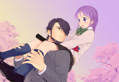 Sister and brother - female, hair, eyes, seifuku, kudou michiya, purple, inazuma eleven, anime, kudou fuyuka, cherry blossoms, cute, male, skirt, school, higebu, graduate, uniform