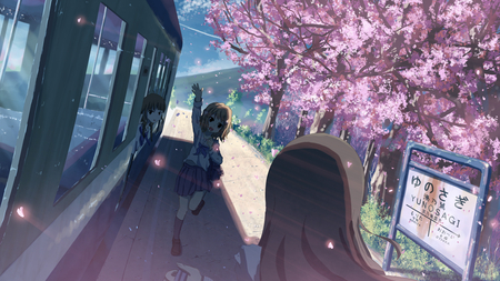 Let's go - girls, skirt, tsurugi minko, matsumae ohana, hanasaku iroha, oshimizu nako, yakkun, anime, uniform, cherry blossoms