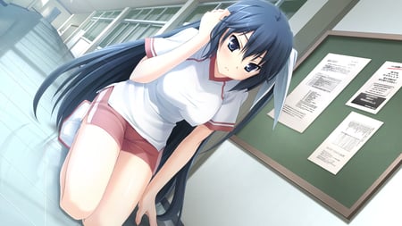 Um,where did I put it? - hair, eyes, kawai, black, anime, ribbon, cute, saran, sexy, girl, takamizawa, with, game cg, blue, gym, uniform, long, ikegami akane