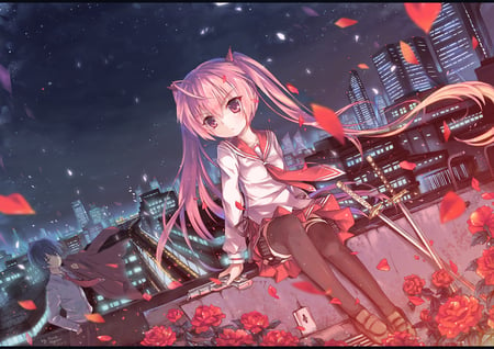 anime - love, gun, hidan no aria, kanzaki h ariaanime, girl, night, pretty, twin tails, petals, adventure, city, guy