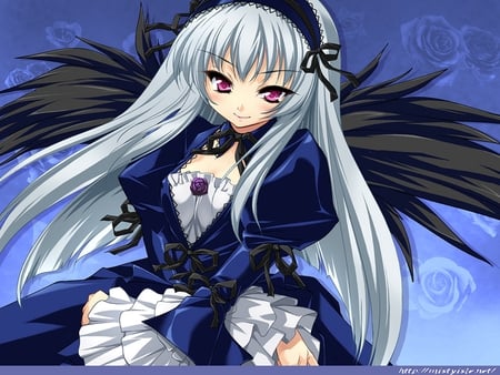 Rozen Maiden - cute, blue white dress, grey hair, wings