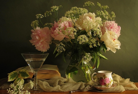 Still Life - glass, book, with love, beautiful, vase, cup, peonies, pink peonies, tea, photography, nature, cup of tea, pink, pink flowers, for you, pretty, beauty, flowers, still life, romance, petals, lovely, colors, romantic, peony