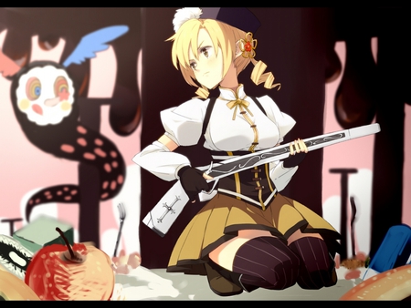 Time To React - gun, blonde hair, pretty girl, time to react, anime, cute anime, anime waitress