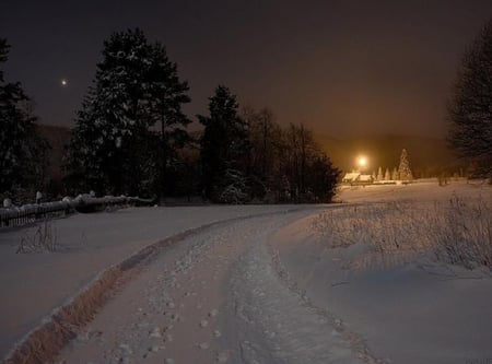 Light at the end of the Road - house, star, tracks, trees, snow, fence, light