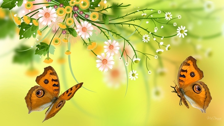 On Wings of Summer - flower spray, green, summer, flowers, firefox persona, gold, butterflies