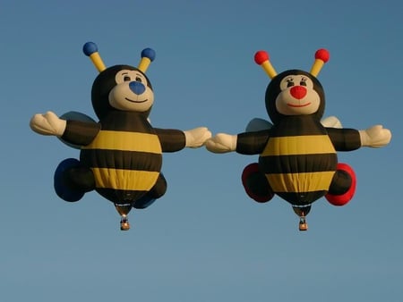 Flying Bees - sky, bees, hot air, balloons, shapes, nature, abstract, blue