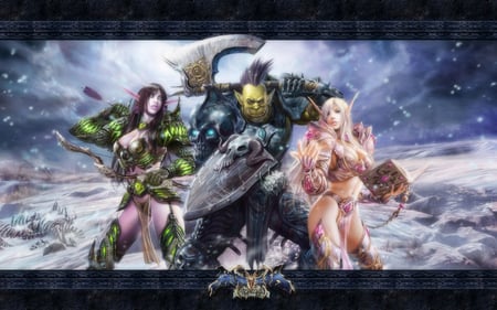 World of Warcraft - female, hot, magic, brave, video game, armor, book, ax, cool, battle, world of warcraft, team, big breasts, elf, sexy, thigh boots, warrior, monster, fighter, two girls, war, bow, warcraft