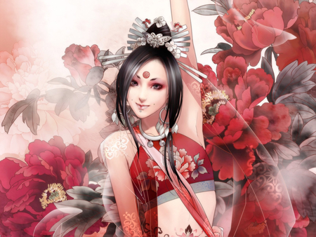 Beauty Lady - china, sexy, hot, female, anime girl, original, rose, wow, cool, sweet, smile, flowers, japan lady