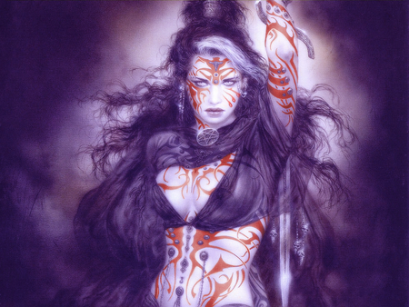 Warrior Red Tattoo - warrior, alone, weapons, big breasts, purple, red, warrior red tattoo, hot, red tattoo, earrings, sword, luis royo, underboob, body, cg, fantasy, sexy