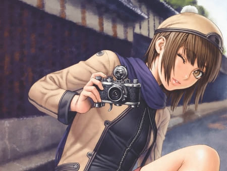 Picture Time - pretty girl, anime, picture time, scarf, anime girl, camara, cute