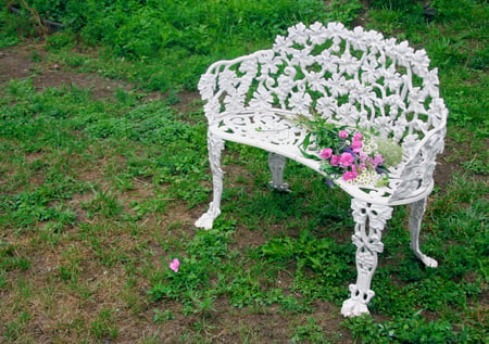 a deserted bouquet - white, deserted, iron bench, bouquet, old, wildflowers