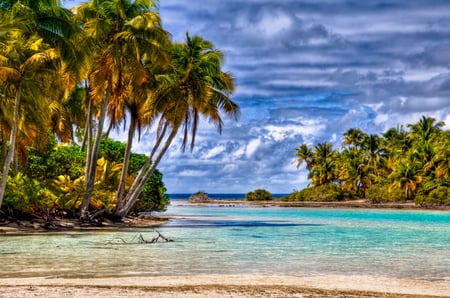 Beach-HDR - nice, fun, beauty, sky, beach, photography, water, calm, pretty, cool, clouds, hdr, harmony, ocean, landscape, palms, tropical, lovely, exotic, nature, relaxing, blue, beautiful, sea