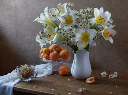 still life - pretty, elegantly, photo, gentle, currants, flowers, apricot, fruit, nice, vase, beautiful, photography, beauty, lovely, cool, still life, flower, bouquet, harmony, white, scarf, glass