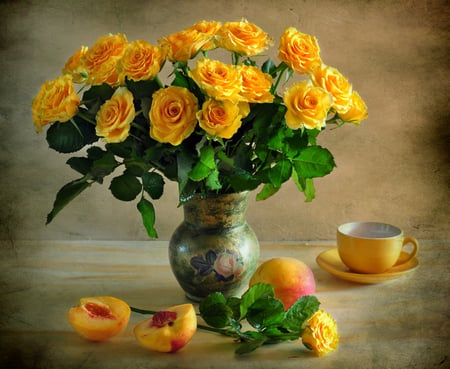 still life - pretty, elegantly, roses, yellow, photo, gentle, flowers, fruit, nice, vase, beautiful, photography, beauty, lovely, cool, still life, flower, bouquet, peach, harmony, rose, cup