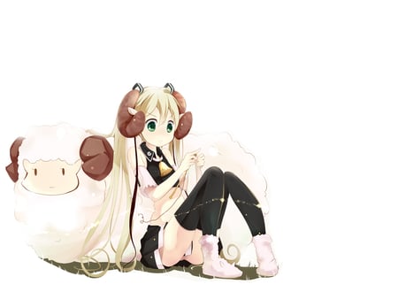 White Miku - ribbons, hair, eyes, twintail, thighhighs, kawai, sheep, green, anime, cute, hatsune miku, skirt, girl, vocaloid, photoshop, animal, long, blonde