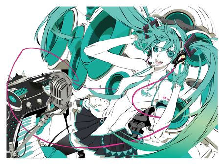 Hatsune Miku - Melt - aqua, headset, thighhighs, music, anime girl, studio, white, art, cool, aqua eyes, artistic, hatsune miku, skirt, song, vocaloids, program, vocaloid, beautiful, uniform, diva, beauty, nice, twintail, supercell, singer, aqua hair, melt, black, bass, virtual, pretty, idol, anime, miku, cute, alternative, girl, cg, hatsune, microphone, headphones, blue, tie, awesome, digital