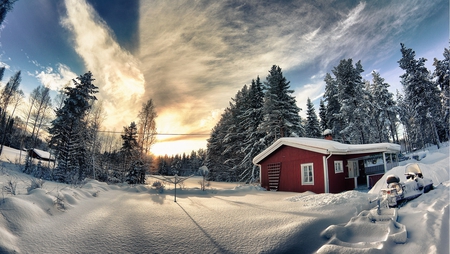 Winter Wonderland IV - pretty, horizon, hills, cabin, amazing, snowmobile, snow, forest, stunning, frost, nice, sky, way, sun, clouds, trees, winter, beautiful, wonderful, ice, nature