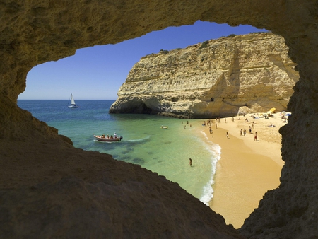 Beach Near Carvoeiro, Algarve, Portugal - ocean, blue, beach, sky