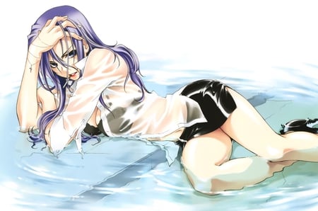 sexy beauty - bra, anime, water, girl, wet, beauty, red lips, purple hair, sexy