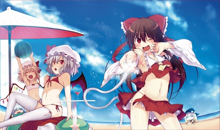 touhou - remilia scarlet, beach, sky, wings, bikinis, bubbles, clouds, umbrella, anime, wink, sand, cute, swim suits, ball, hakurei reimu, friends, sea