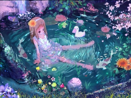 Peaceful Bath - forest, cute anime girl, river, anime, little girl, lotus flowers, peaceful bath