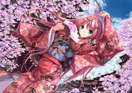 Anime Girl - clouds, cherry blossoms, long, kimono, petals, hair, fans, red, ribbon, bow, sky, pins