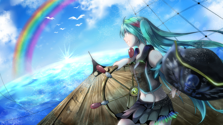 Hatsune Miku - pretty, artistic, seagulls, uniform, rainbow, nice, wheel, program, hot, thighhighs, beauty, virtual, cg, white, cute, aqua eyes, song, outfit, sexy, vocaloid, anime, twintail, hatsune miku, music, aqua, art, sky, idol, clouds, anime girl, skirt, water, beautiful, ship, sea, singer, girl, cool, ocean, black, miku, awesome, diva, pirate, digital, aqua hair, hatsune, vocaloids, fish