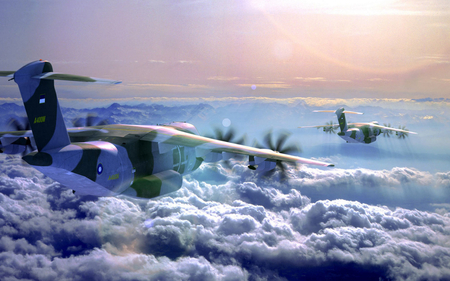 Above the Clouds - sky, sun, clouds, airplane, above, military