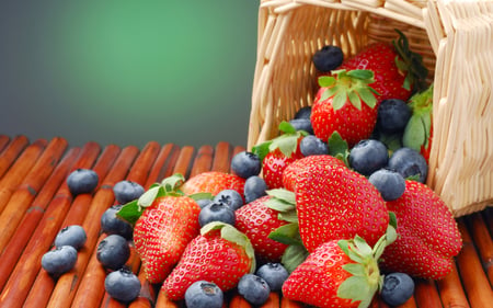 Strawberries and Blueberries - abstract, strawberries, delicious, basket, blueberries, fruit