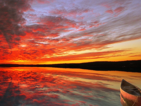 Sunset - amazing, boat, splendor, reflection, view, red, lake, sky, clouds, water, beautiful, red sunset, beauty, colors, lovely, boats, colorful, nature, sunset, peaceful