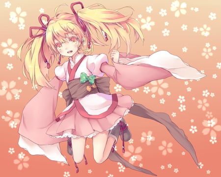 cute - bows, liong, tagme, pretty, blonde hair, blush, kimono, flowers, cute