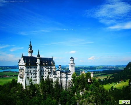 Neuschwanstein Castle, Bavaria, Germany - clouds, trees, bavaria, blue, forest, germany, white, neuschwanstein, castle, sky