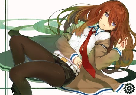 makise kurisu - makise kurisu, pantyhose, girl, pretty, gate, blue eyes, tie, brown hair