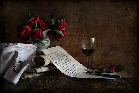 still life - pretty, roses, romance, books, photo, flowers, embroidery, old, nice, red wine, beautiful, photography, letter, beauty, kettle, lovely, cool, still life, flower, bouquet, drink, harmony, rose, cup