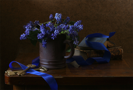 still life - beauty, nice, photography, keys, bouquet, still life, book, pretty, cool, old, harmony, glass, lovely, tape, blue, beautiful, books, flowers, photo, flower