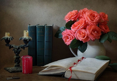 still life - nice, elegance, beauty, roses, photography, candles, bouquet, rose, still life, book, pretty, cool, pot, old, harmony, lovely, coins, beautiful, books, flowers, photo, candlestick, flower