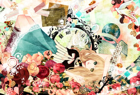 Alice In Wonderland - alice, clocks, wonderland, petals, flowers