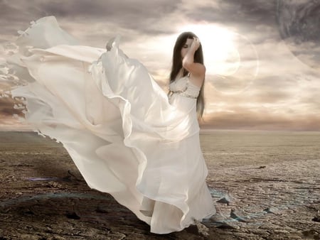 Bride in the desert - clouds, fantasy, anime, dress, girl, sky